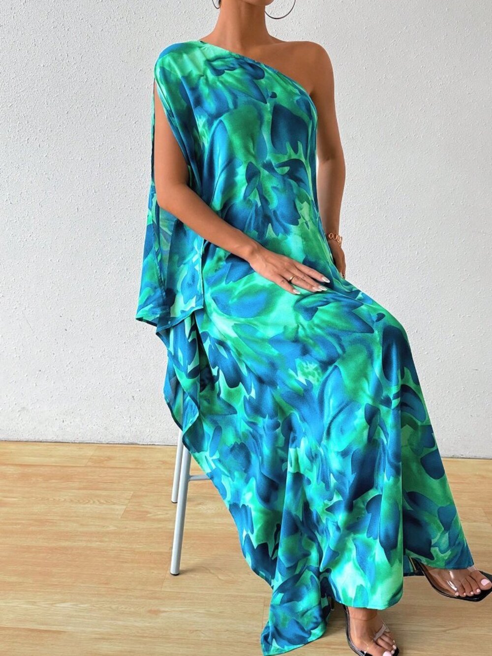 Multicolor Boho Women's Floral Print Asymmetrical Cape Sleeve Long Dress Maxi - Picture 5 of 6